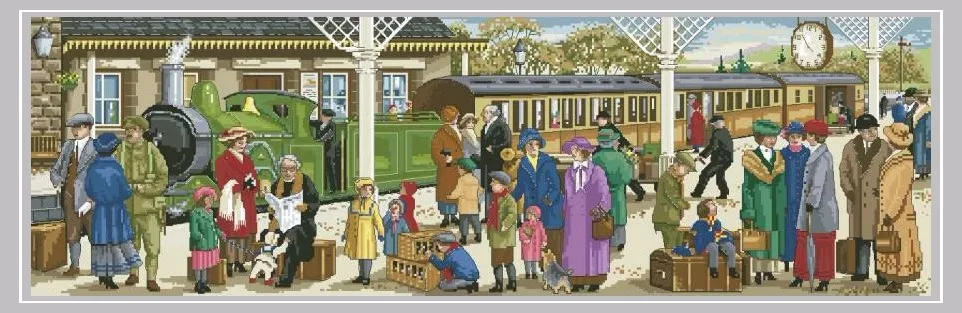 

Top Quality Lovely Hot Selling Counted Cross stitch Kit Busy Railway Train Station Travel Farewell csc