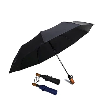 

High quality Solid wood handle Umbrella Men Automatic 10Ribs Strong WindResistant 3 Folding Umbrella Rain Business Parasol
