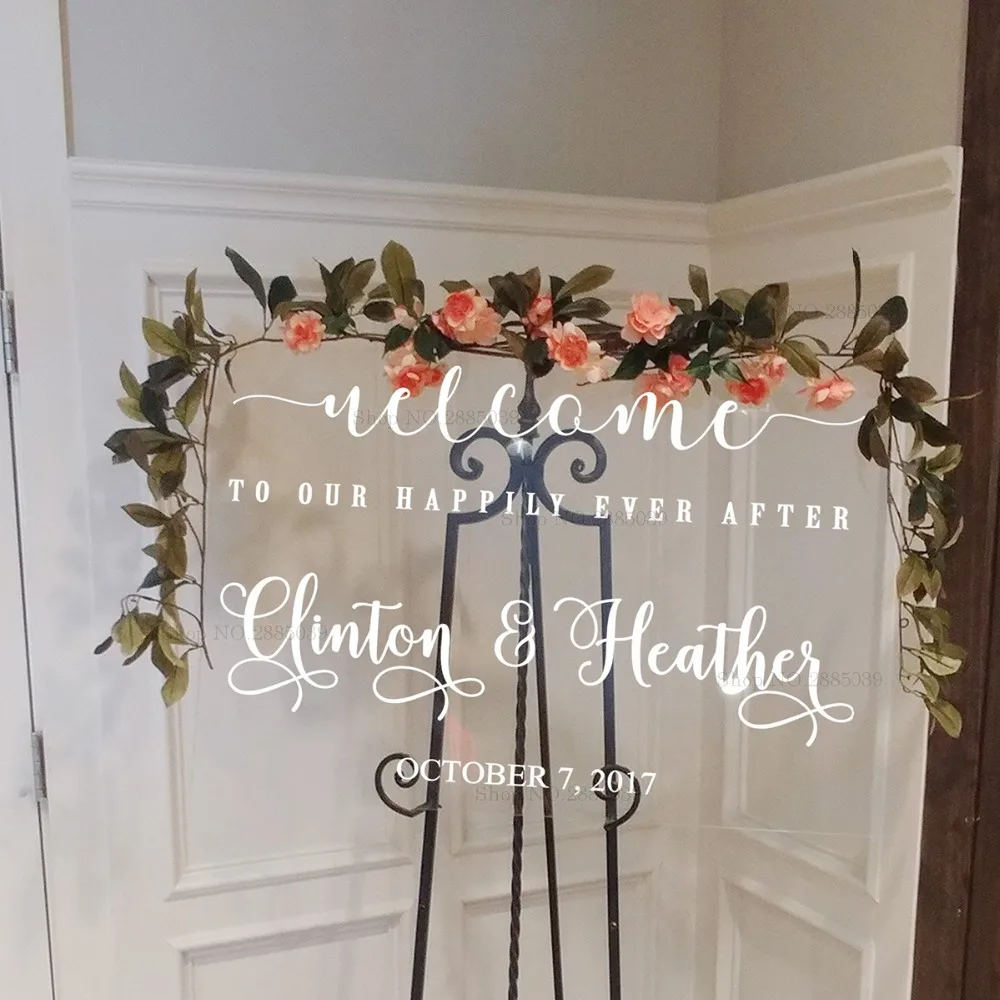 

Hot Selling Wedding Welcome Signs Decal Welcome To Our Happily Ever After Vinyl Mirrors Wooden Board Decor Art Custom Name LC951