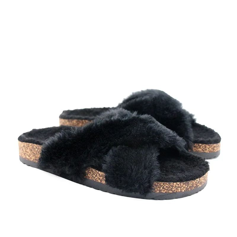 

cross-tied rabbit fur sandals women soft cork shoes flat plush mules shoes 2018 spring summer hot outside slides beach sandals