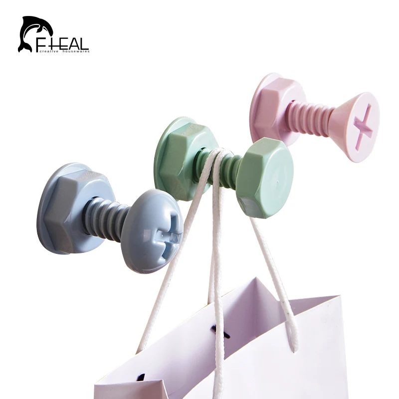 FHEAL 3pcs Creative Screw Shaped Self Adhesive Storage Hook Wall Bathroom Decorative hooks Towel Key Hanger