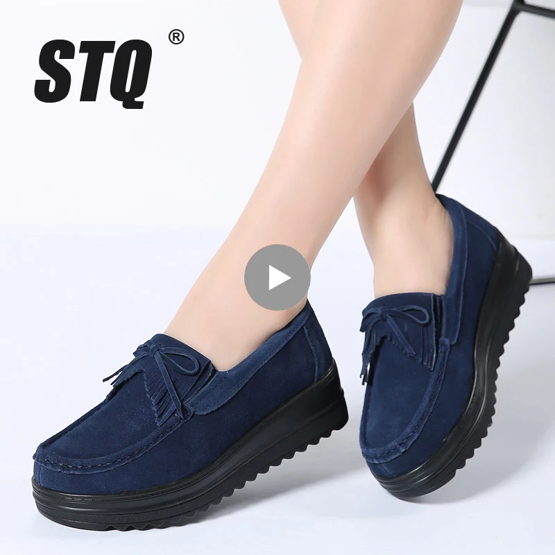 

STQ 2019 Autumn women flats women leather suede fringe platform sneakers thick sole casue boat shoes ladies oxfords shoes 826