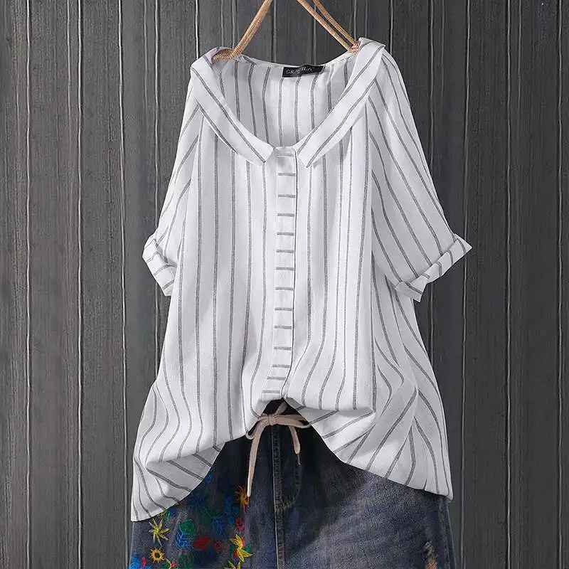 

Short Sleeve Tunic Tops 2019 Women Work Office Shirt Ladies Elegant Lapel Striped Blouse Summer Casual Loose Femme Blusa Chemise