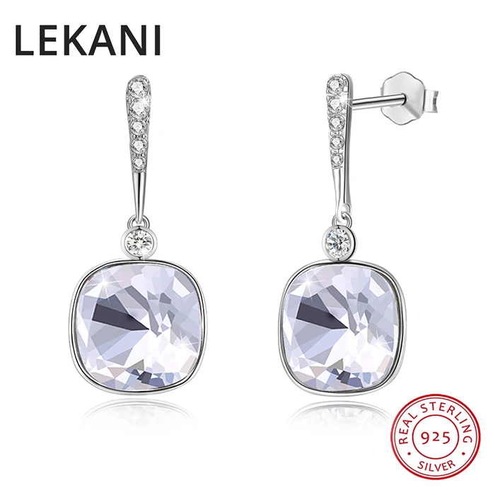 Модные квадратные висячие серьги LEKANI с кристаллами Swarovski, женские свадебные подарки, настоящее Серебро S925 пробы, повседневные аксессуары, хорошее ювелирное изделие - Цвет камня: Clear Crystal