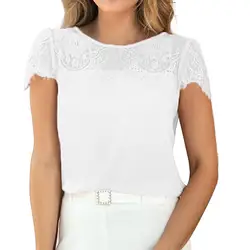 Женская новая модная летняя Элегантная блузка плотный шифон, цвет кружевная с короткими рукавами Свободная блузка с круглым вырезом z0417