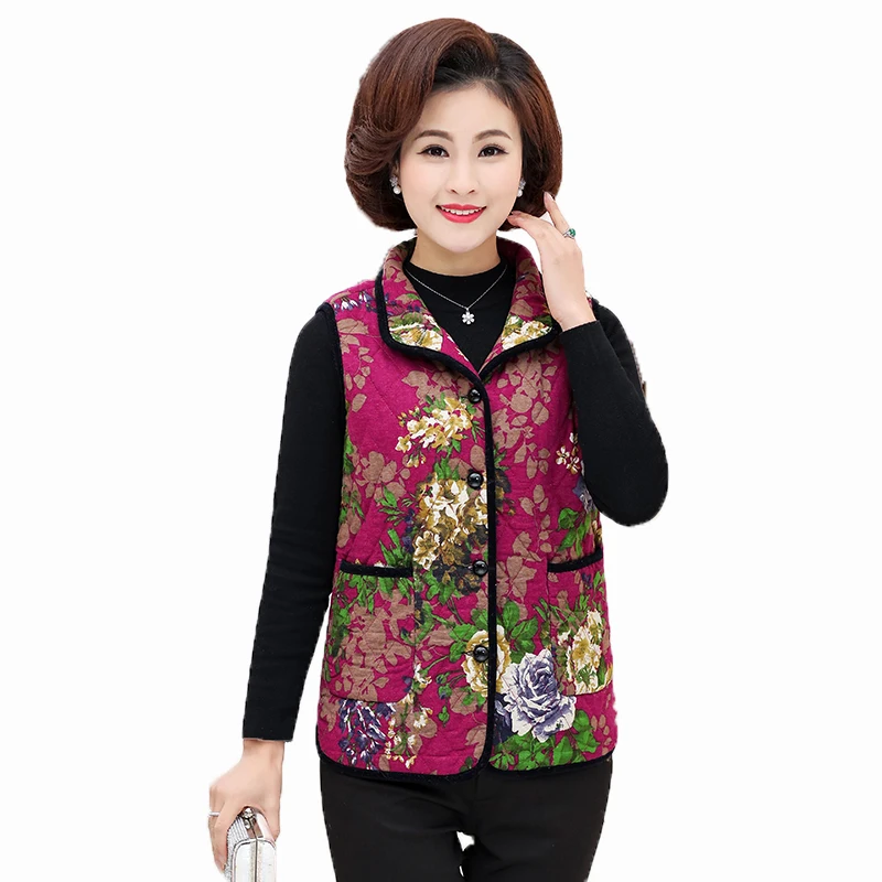 

Oriental Design Quilted Vest Woman Ethnical Flower Puffer Waistcoat Red Purple Padded Vests Woman Vintage Warm Gilet Autumn Wear