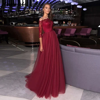 

Long Burgundy Prom Dresses 2019 Beaded With 3/4 Sleeves Illusion Neck Vestido Gala Dress for Women Lace Formal Party Gowns