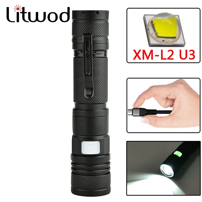 Litwod Z20 XM-L2 U3 светодиодный фонарик Micro USB Перезаряжаемые Масштабируемые 5 режимов Алюминий Lanterna мощность по 18650