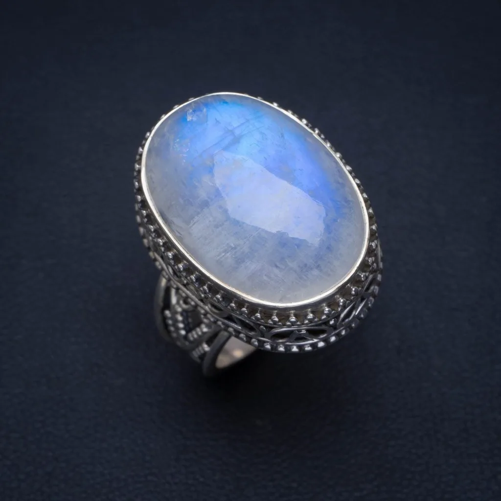 

Natural Rainbow Moonstone Handmade Unique 925 Sterling Silver Ring 7.5 AU0019