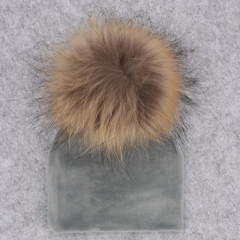 GZHILOVINGL Real Fur Pom Pom Baby Girls Boys Hat Warm Winter Knitted Velvet Hat Toddler Kids Soft Thick Flannel Beanies Pompoms