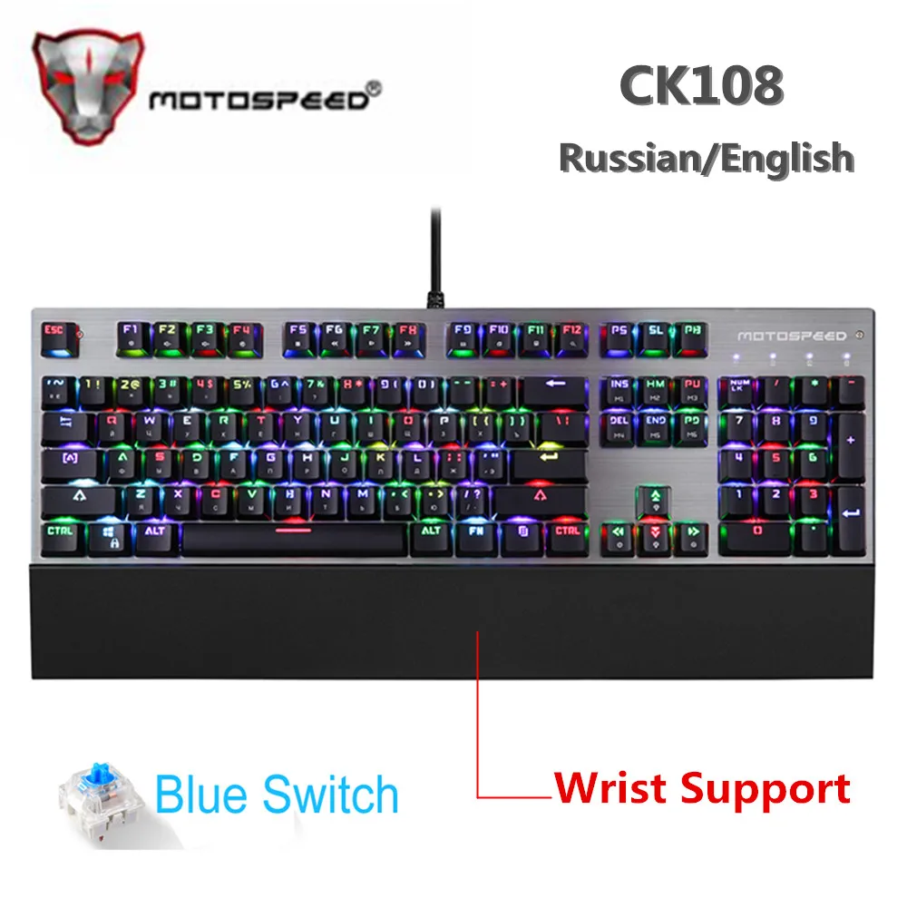 Дешево Оригинальная механическая клавиатура Motospeed CK108, 104 клавиш, RGB синий переключатель, игровая проводная светодиодная подсветка, анти привидение...