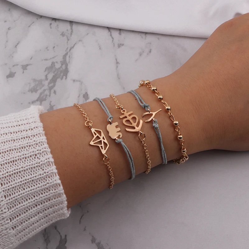 

Doreen Box New Fashion Golden Deer Sailboat Elephant Bracelet Set For Women Summer Beach Party Bohemian Multi-layer Jewelry