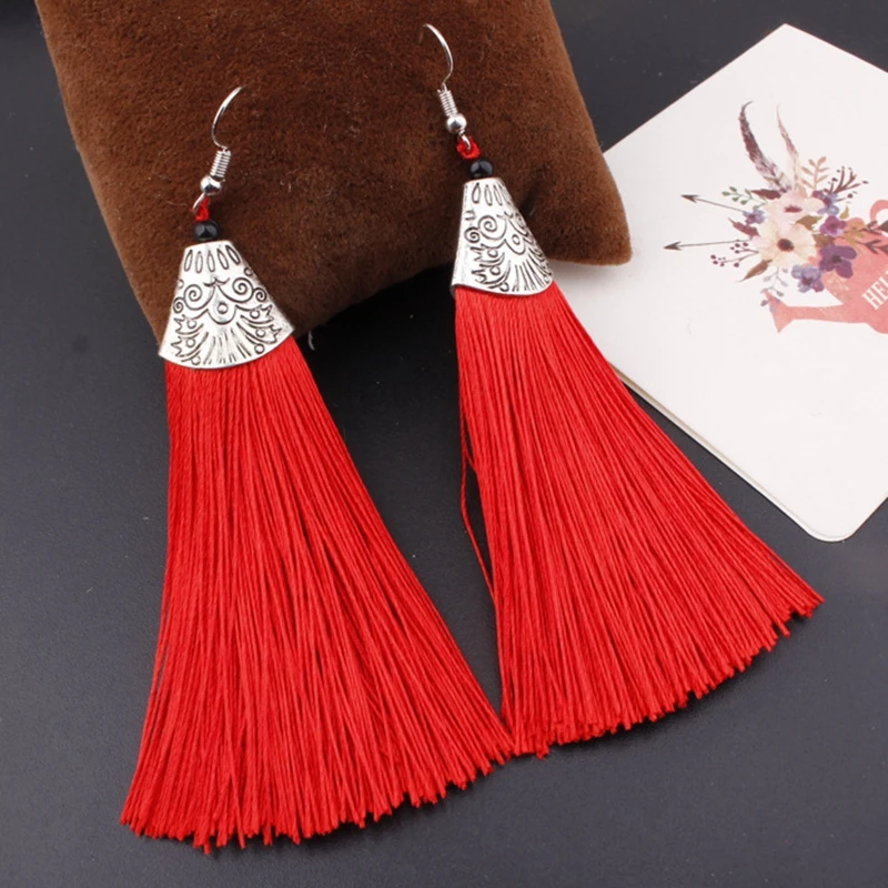 H:HYDE Handmade Tassel Earrings 2018 Trendy Black Red Yellow Green Long Dangles Ear Broncos Silk Fringed Jewellery For Women Fashion Jewelry