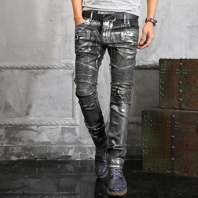 Italy Famous Brand Silver Coated Jeans Men Boot Cut Cool Designs Autumn
