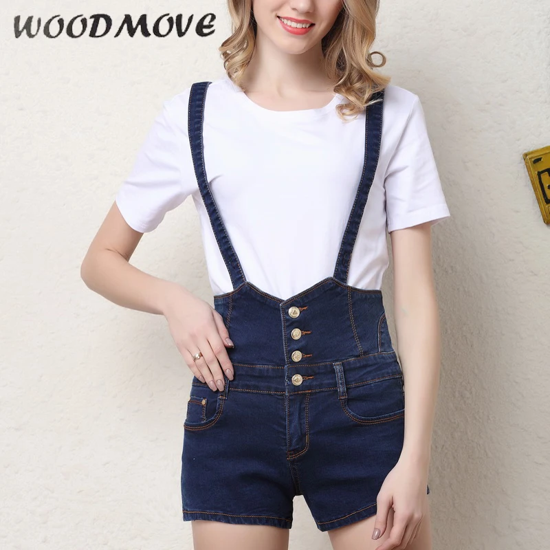 

Denim Shorts Women Summer High Waist Button Fly Overalls Fashion Solid Suspender Shorts Female Pockets Jeans Short