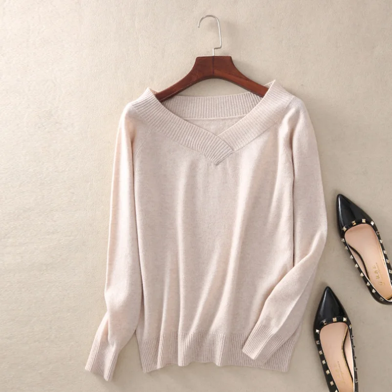 

Autumn Winter V Neck Loose Wool Sweater Solid Color/Striped Pullovers Sweater Women Knitted Sweater Tops