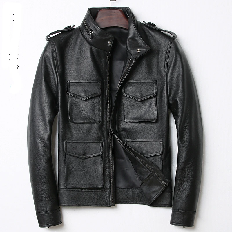 Slim Mens Genuine Leather Jackets Cow Leather Coats Motorcycle Hunting