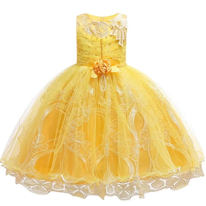 Кружевные платья для девочек с аппликацией; детское праздничное платье для дня рождения для девочек; детское Элегантное свадебное платье для девочек; одежда - Цвет: yellow