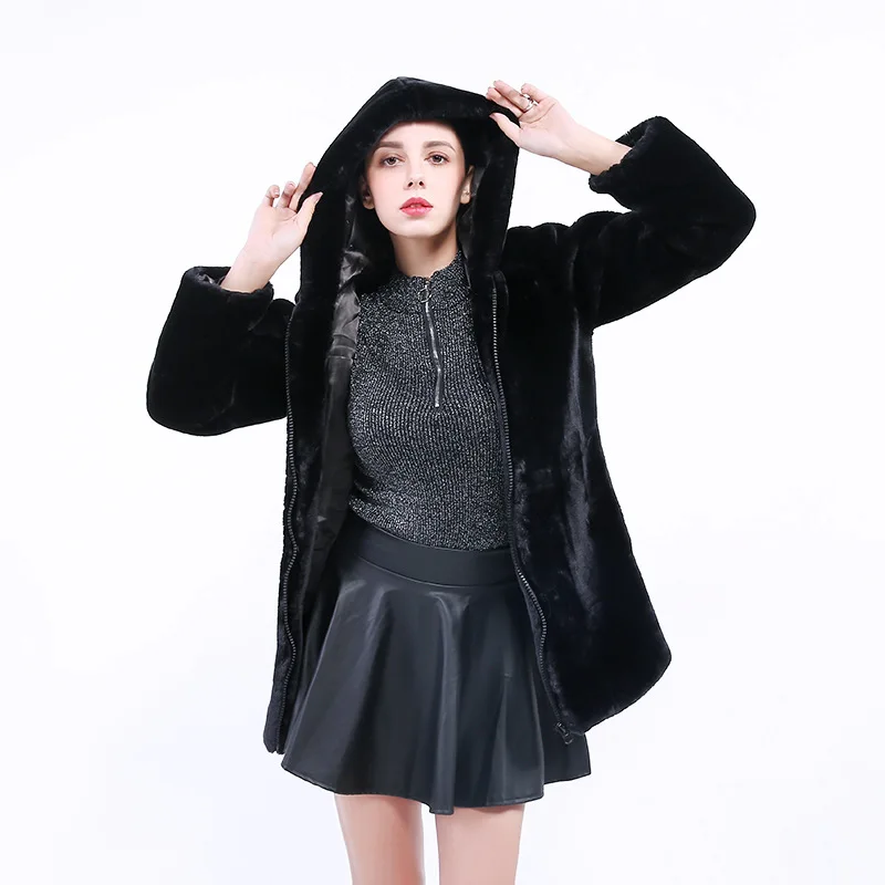 Женское пальто из искусственного меха, зимнее теплое Черное пальто из искусственного лисьего меха, длинная шапка для темпераментных девушек, новинка, комфортный бренд Nv018