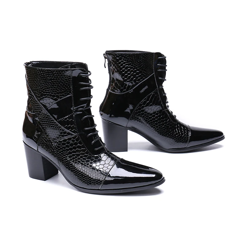 

Genuine Leather high heel zip lace-up ankle boots fashion Fish scale oxford pointed toe Martin boots big size 46