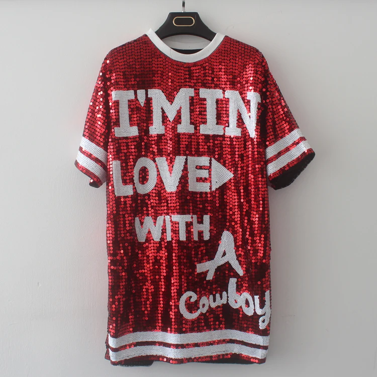 

Summer Bling Loose Oversized Causal Short Sleeve Graphic Shift Dress Slogan Sequin T Shirt Dress Club Festival Long Ringer Tee