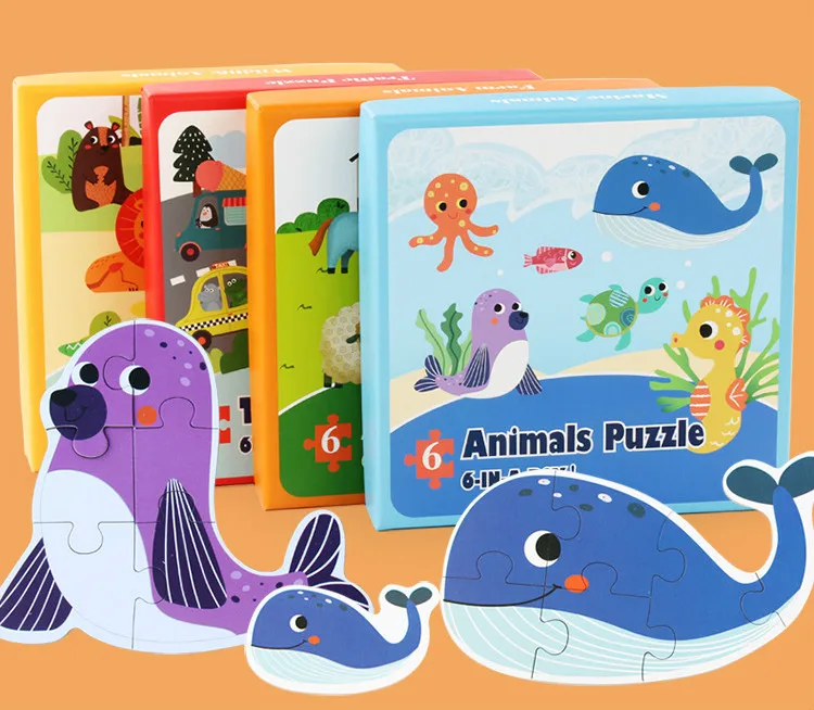 Лидер продаж забавные шесть-в-одном Puzzle игрушки фермы лес морских животных пазл с транспортом деревянный для раннего развития детей
