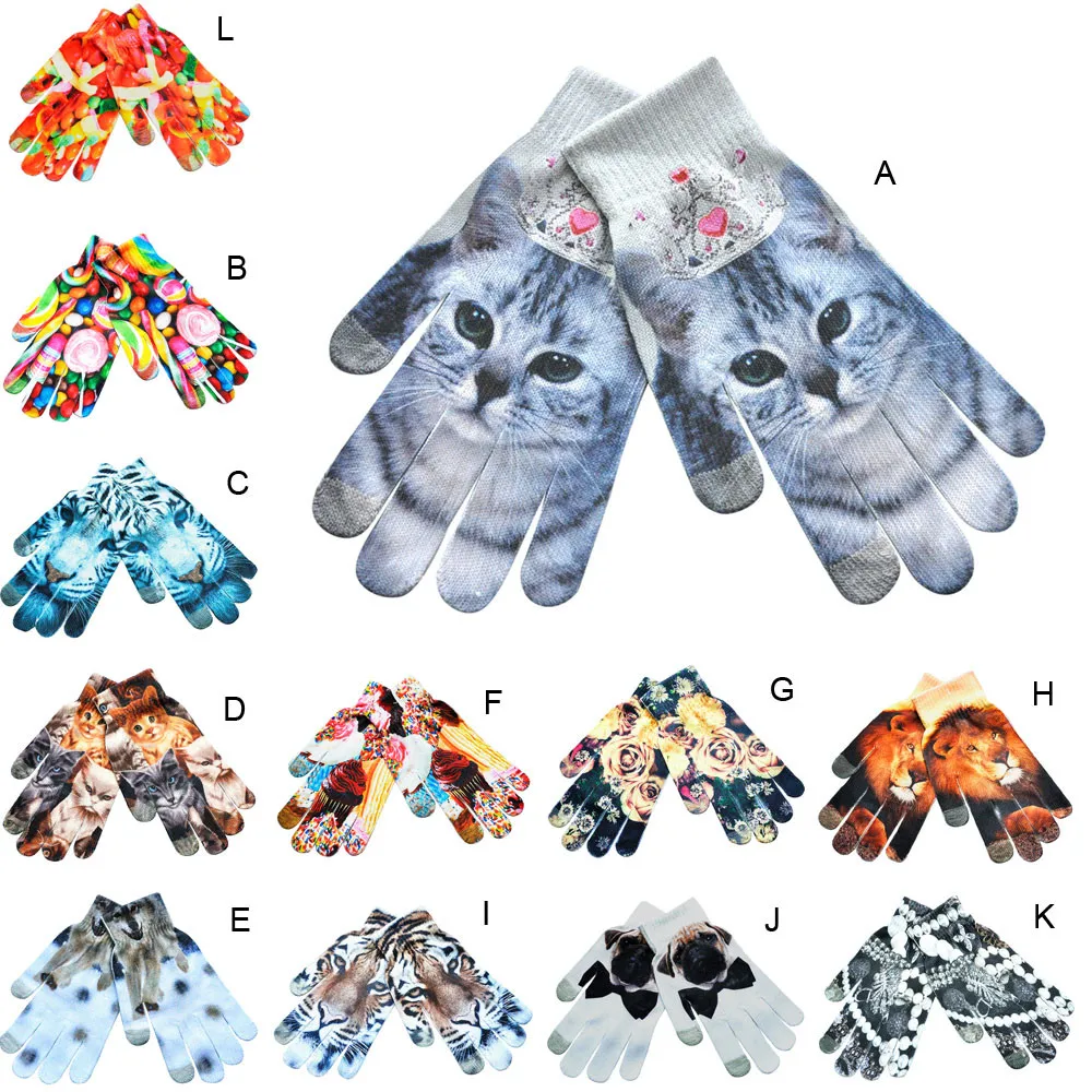 20# Зимние перчатки для мужчин и женщин, зимние теплые вязаные перчатки для экрана телефона с 3D-принтом кошки, милые перчатки для домашних животных ручной работы