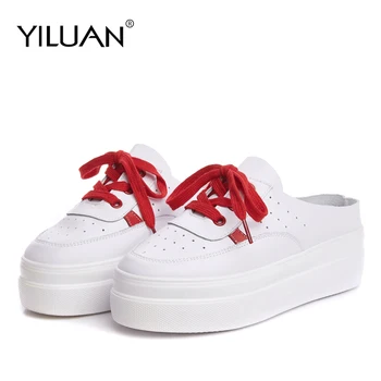 

Yiluan Women's Wedges Slipper Genuine Leather summer Fashion Style Cross-tied Flat Heels Round Toe Casual Slipper Lazy shoes