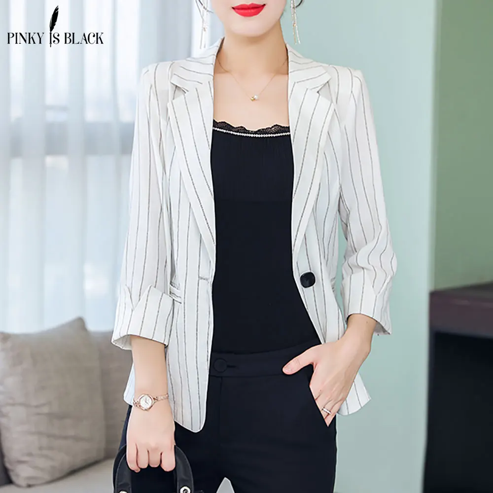 

Светолечение... Повседневное пиджаки весна полосатый Slim Fit Для женщин Формальные куртки офисные одной кнопки зубчатый дамы пиджак пальто