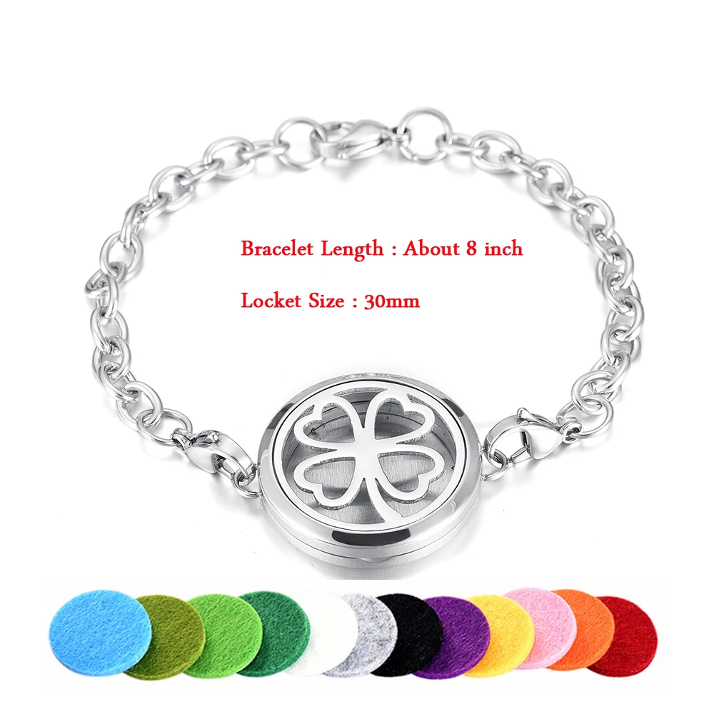 

IJL0175 Four-leaf clover NEW!Stainless Steel (30mm) Round Perfume Locket Bracelet Aromatherapy/Essential Oil Diffuser Bracelets