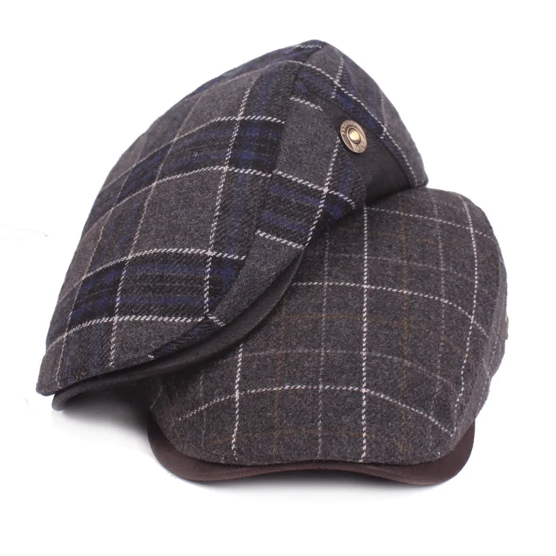 QIUBOSS Colored Plaid Plain Wool Felt Newsboy Caps for Men Autumn Winter Warm Beret Old Man Forward Hat Male Trilby Casquette