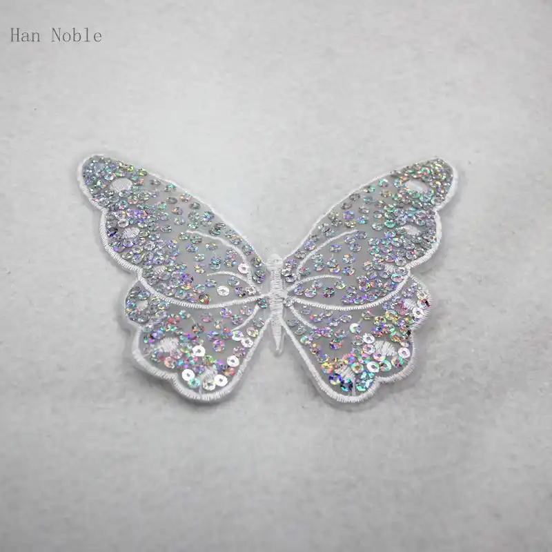 P264 5pcs Lace Sequined Embroidery White Butterfly Patches Sticker