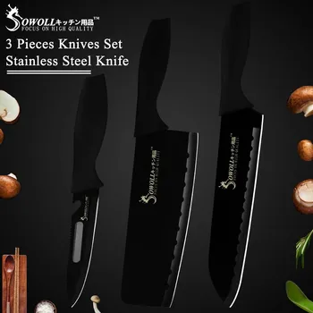 

SOWOLL Stainless Steel Kitchen Knife 7 inch 7 inch 5 inch Sharp Black Knife 3 Piece Set Quality Chopping Santoku Utility Knife