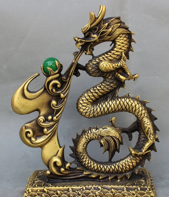 

S3215 10" Chinese Bronze Folk Decoration FengShui Dragon Ball Statue Sculpture Set D0318