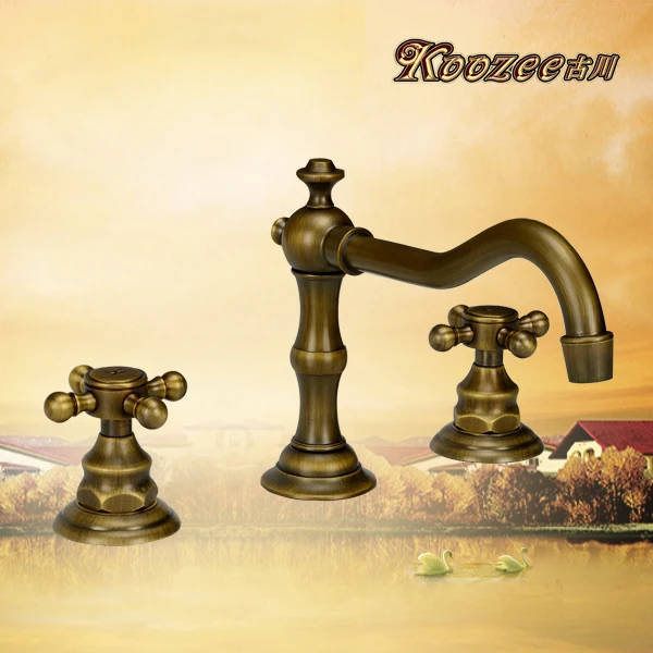 

Furukawa green antique bronze faucet full copper wash basin taps 3 hole 8 inches audience basin faucet hot and cold