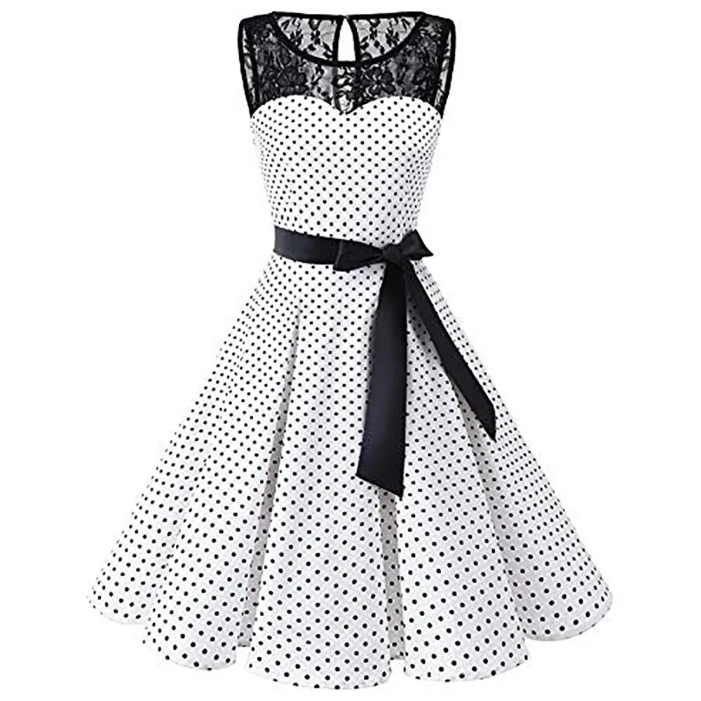 

Women Sleeveless Polka Dot Lace Hepburn Vintage Swing High-Waist Pleated Dress solid design