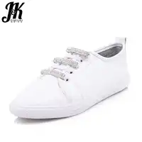JK 2018 New Casual Women Flats Round Toe Platform Crystal Lace Up Footwear Fashion Spring Handmade Girl White Shoes Big Size