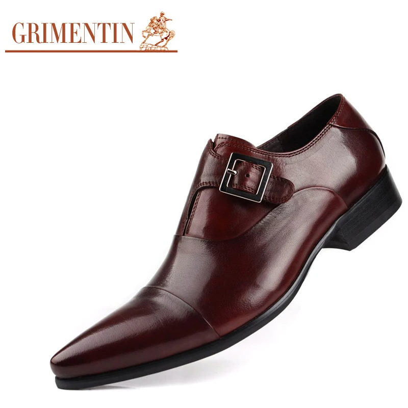 Luxury Mens Dress Shoes Genuine Leather Pointed toe Buckle Strap Black Brown Italian Designer ...