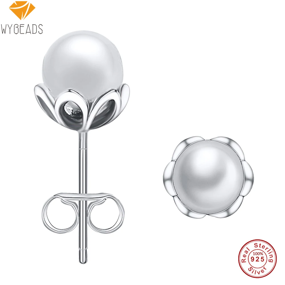 WYBEADS 100% 925 Sterling Silver White Pearl Stud Earrings For Women Female Elegance Fashion Earring Original Jewelry Making | Украшения и