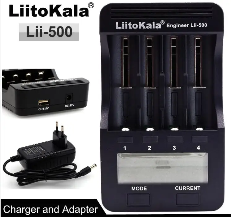 Умное устройство для зарядки никель-металлогидридных аккумуляторов от компании Liitokala lii500 ЖК-дисплей 3,7 V/1,2 V зарядное устройство для никель-кадмиевых или никель-металл-AAA 18650/26650/16340/14500/10440/18500 Батарея Зарядное устройство с сенсорным экраном+ 12V 2A адаптер USB 5V1A