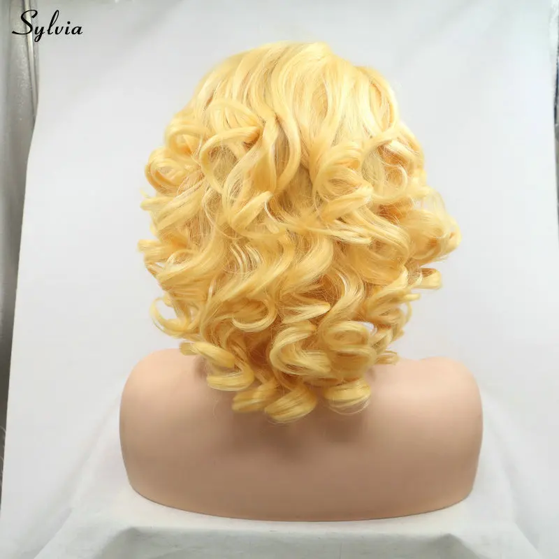 Resistente ao Calor Dianteira do Laço Natural do Cabelo Férias para Mulheres Sylvia Perucas Loiras Ombre Sintético Peruca Linha Fina Curto Bob Meninas Verão 6 Sylvia bob encaracolado peruca amarela cosplay peruca
