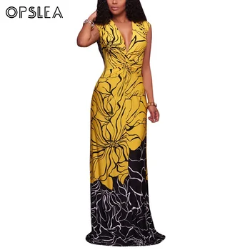 

Opslea Dashiki African Women V Collar Sleeveless Print Maxi Dress African Empire Waist Clothes Summer Sexy Yellow Long Dress