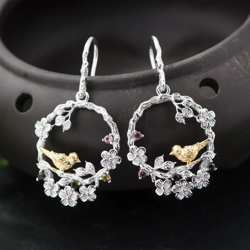 

925 silver New women's earrings inlaid natural stone diy bird earrings