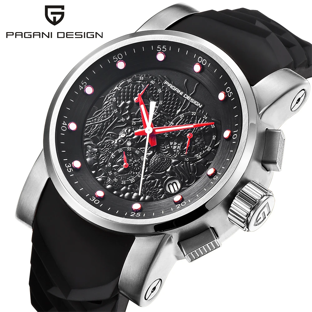 

PAGANI DESIGN Chronograph Dragon Totems Wristwatch Men Waterproof Large Dial Calendar Quartz Watches Silicone Band Male Clock