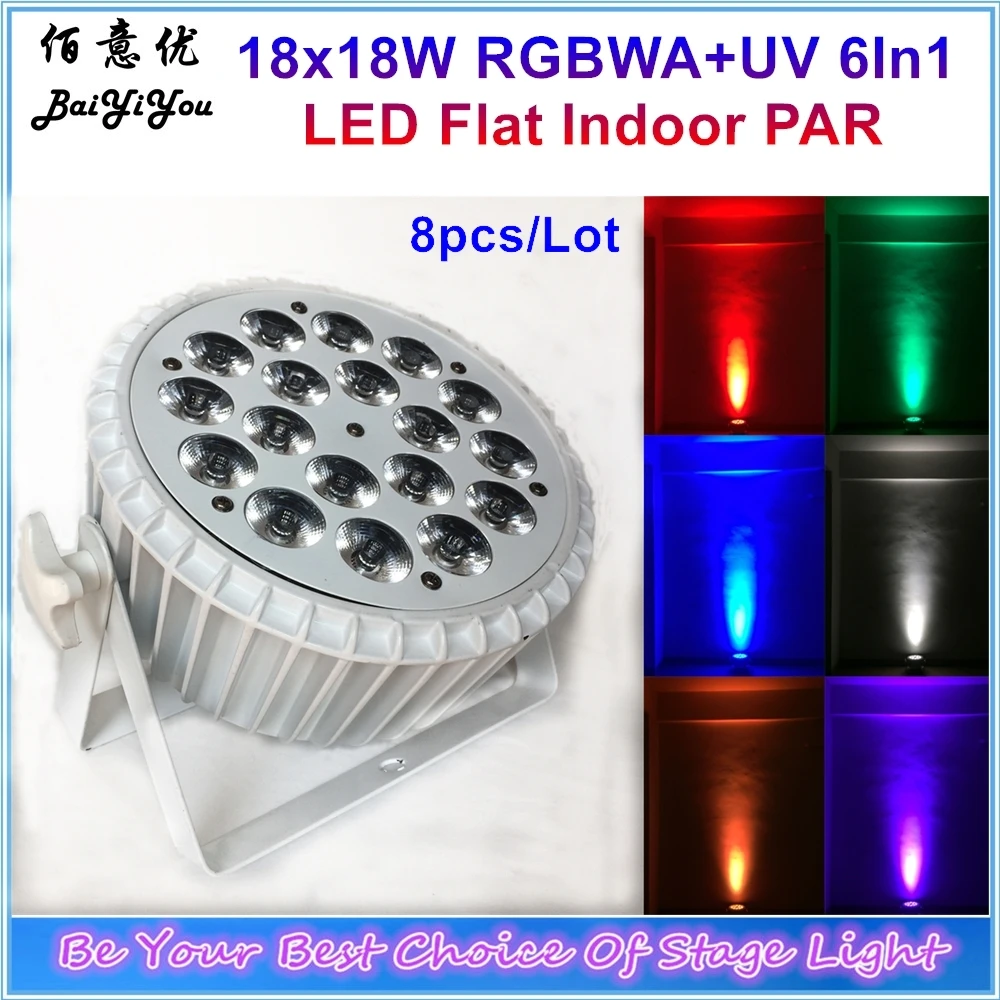 

8X New Crashproof Heavy Case 18pcsx18W RGBWA+UV 6In1 LED Flat PAR Light Bright 18pcs LED Aluminum Slim PAR Light With Big Lens