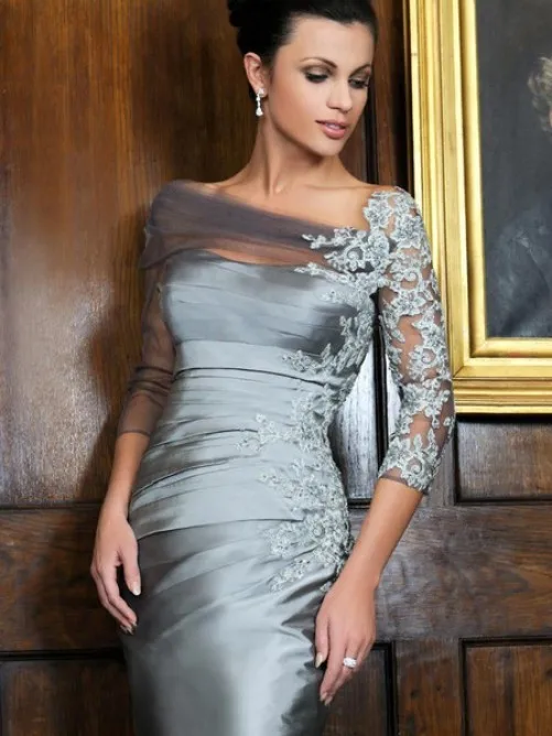 New-Elegant-Silver-Sheath-Column-3-4-Sleeves-Strapless-Satin-Knee-Length-Applique-Mother-of-the
