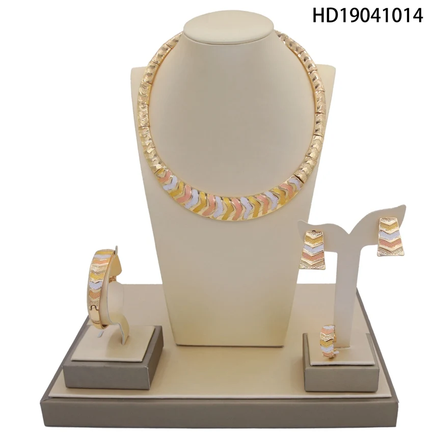 

Yulaili New Arrivals Popular Yellow White And Pink Staggered Simple Design African Golden Plated Ladies Costume Four Jewelry Set