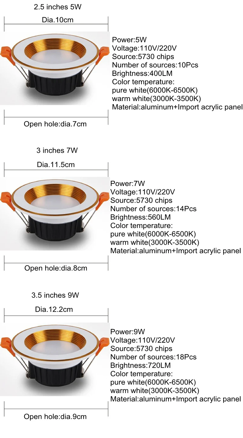 Лидер продаж jinle 5 Вт 7 Вт 9 Вт 12 Вт 15 Вт 18 Вт 21 Вт 24 Вт светодиодные светильники затемнения теплый белый чистый белый встраиваемые