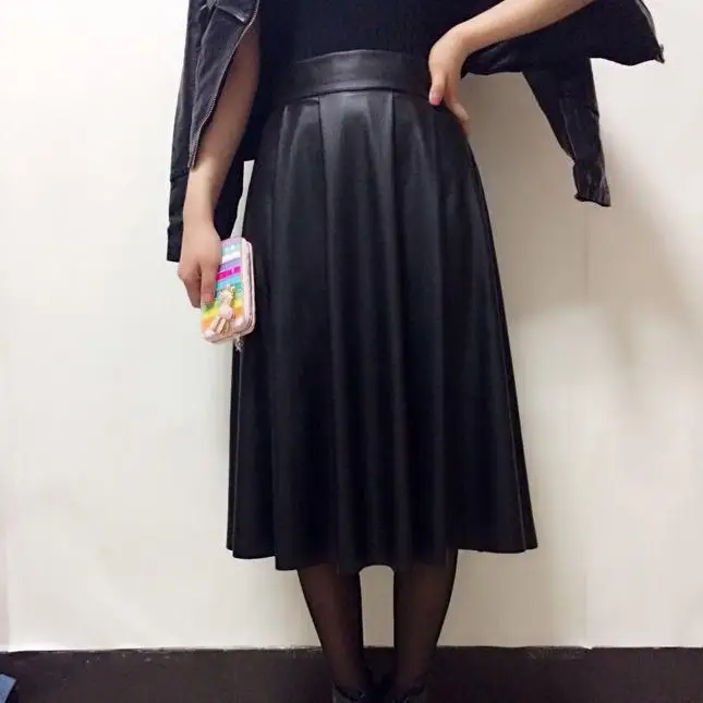 

Vintage high waist skirt PU faux women leather skirts pleated skirt