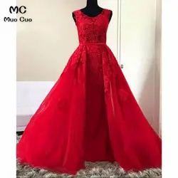 2018 г. красное платье для выпускного вечера Длинные с аппликацией и кружевами сенсационное без рукавов Для женщин Формальное вечернее